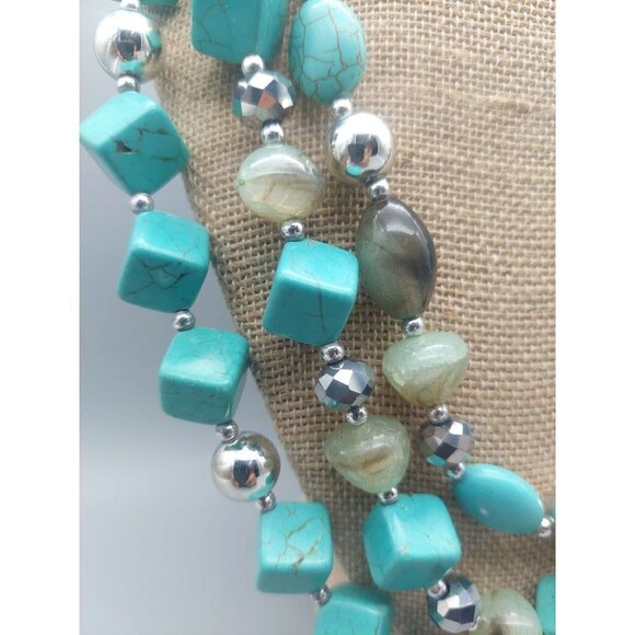 Silver Tone Faux Turquoise Statement Necklace Multi Strand Beaded Collar 21" - Picture 4 of 11
